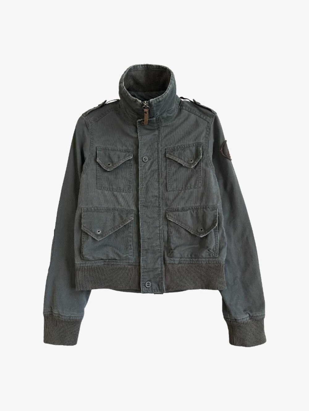 Vintage Y2K Gray Distressed Military Crop Utility Bomber Jacket by A. Kurtz